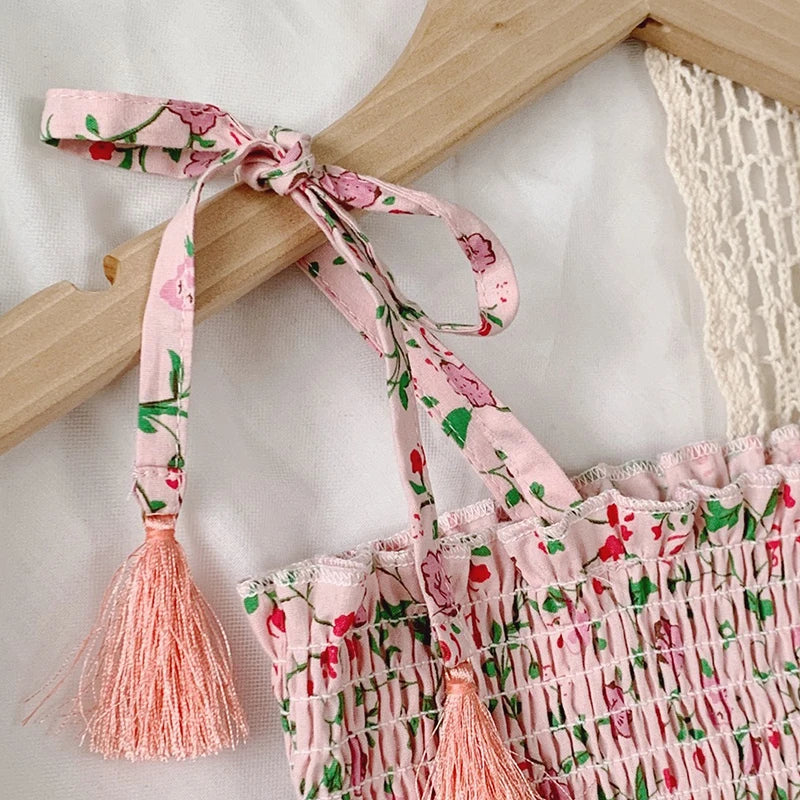 Floral Print Rustic Style Little Girl Sling Tops and Shorts Set childrensterritory