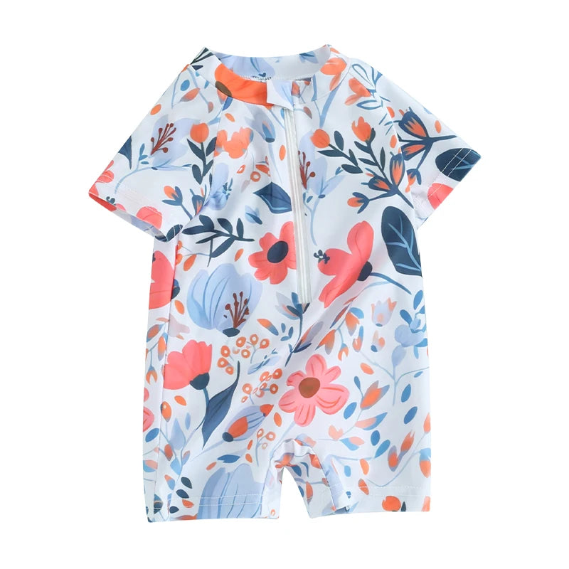Short Sleeve Floral Print Kids Girls Rash Guard Swimsuit