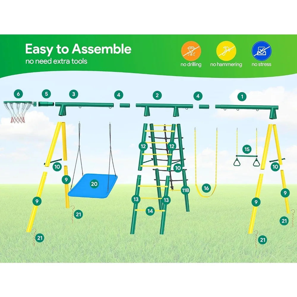 6 in 1 Kids Heavy-Duty Metal Swing Sets for Backyard