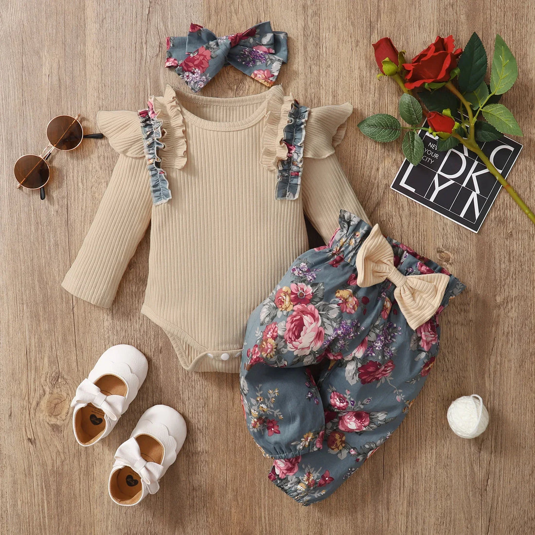 3Pcs Newborn Girl Bodysuit, Bow, Floral Pants Clothing Set childrensterritory