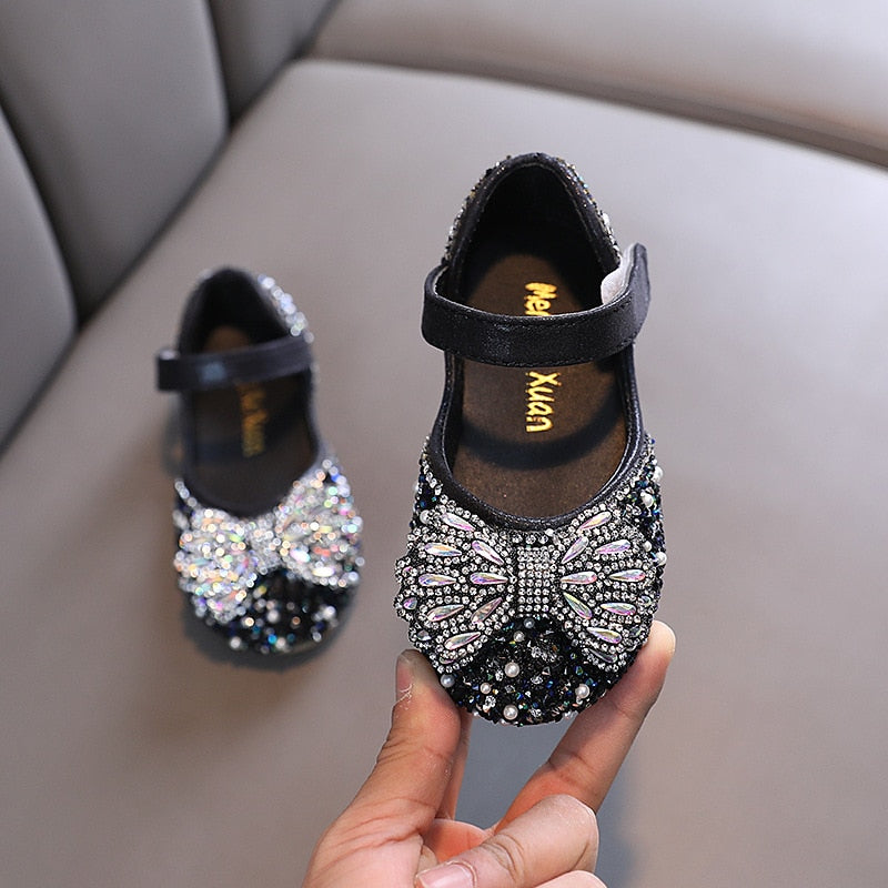 Flat Rhinestone Bowtie Kids Girls Princess Party Shoes childrensterritory