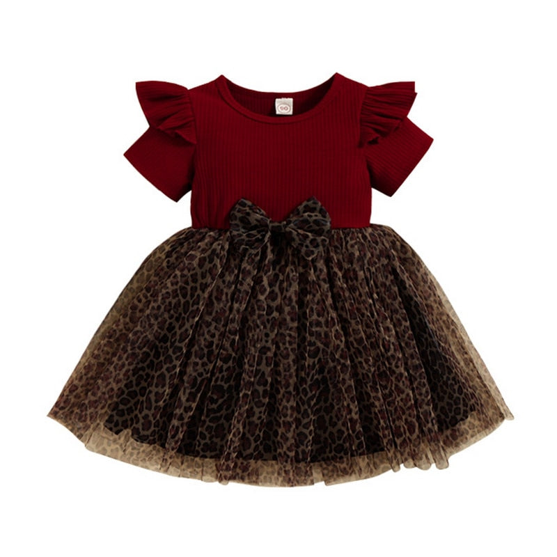 Little Girls Leopard Printed Ruffled Bowknot Party Dress childrensterritory