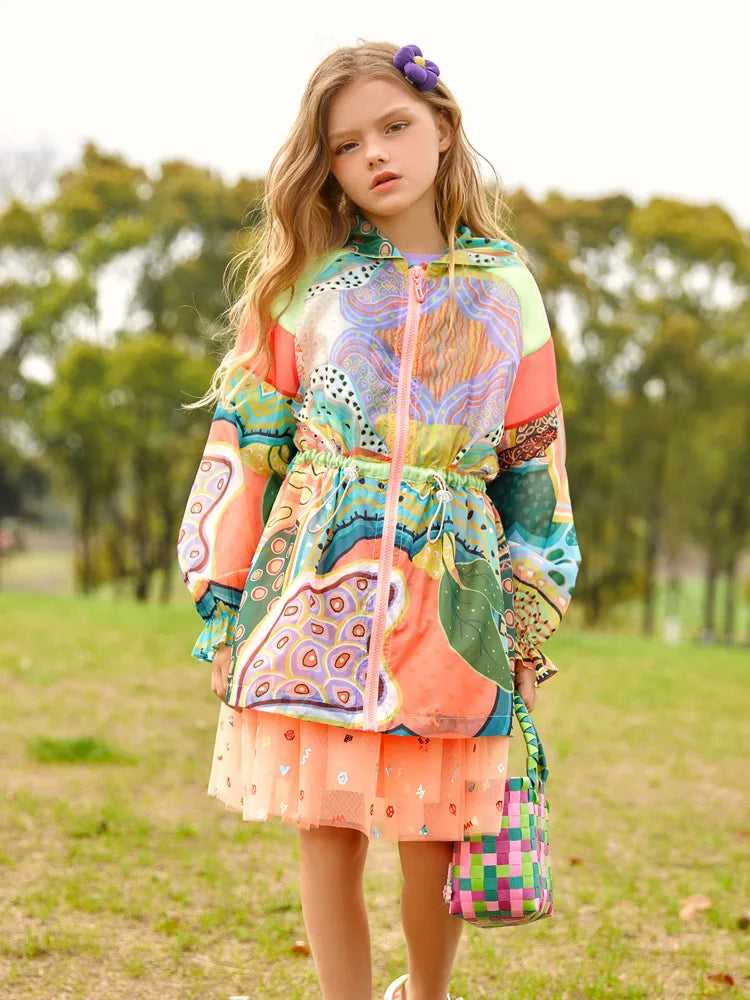 Kids Girls Tie Dye Print Thin Trench Coat and T-shirt childrensterritory