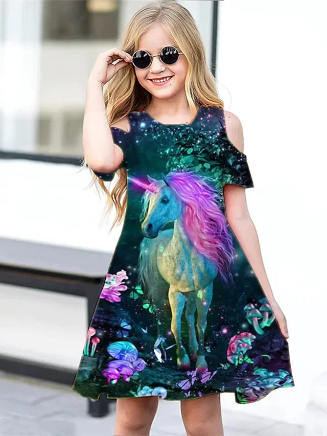 Unicorn Print Kids Girls Half Sleeve Retro Style Loose Dress