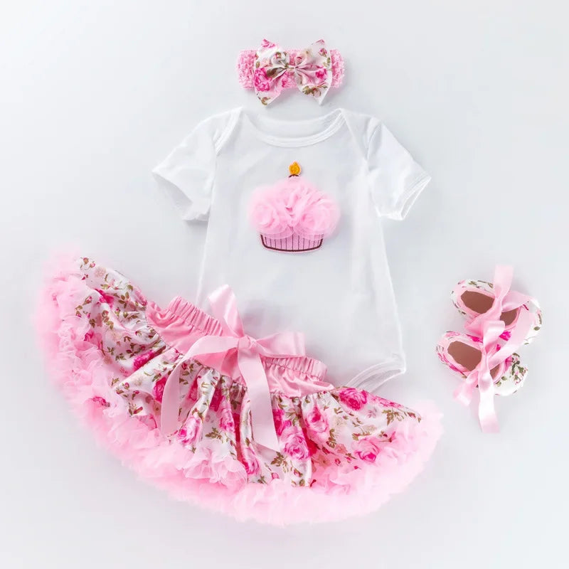 Baby Girls 4Pcs Birthday Outfit Sets/Ruffle Skirts+Romper