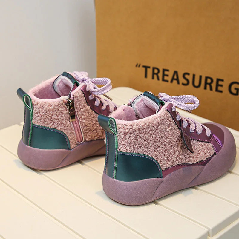 Kids Purple Black High Top Warm Furry Shoes childrensterritory