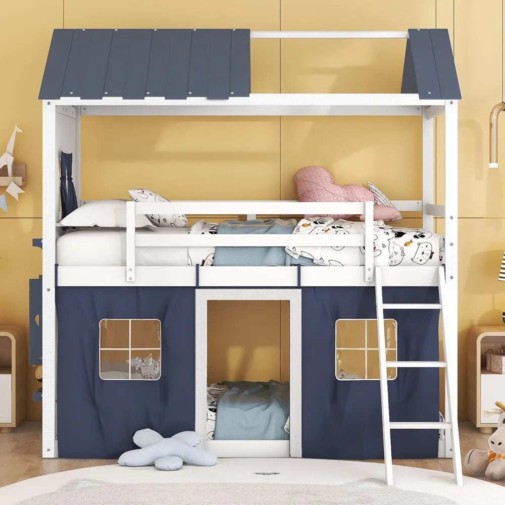 Hut Design Twin over Twin Bunk Bed with Window and Two Drawers