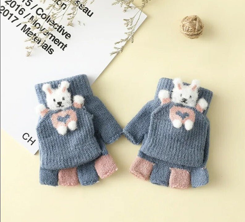 Cartoon Bunny Warm Half Finger Flip Gloves for Kids childrensterritory