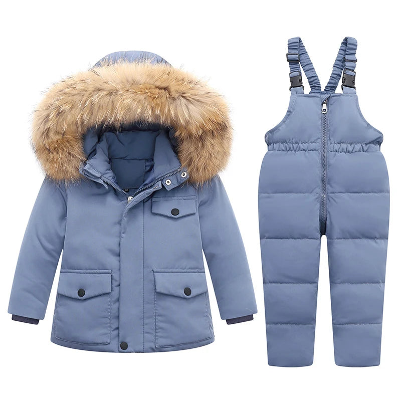 Kids Real Fur Hooded Down Parka/Snowsuit Set