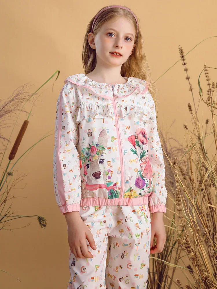 Little Girls Cartoon Flowers Print Cute Top and Pant Set childrensterritory