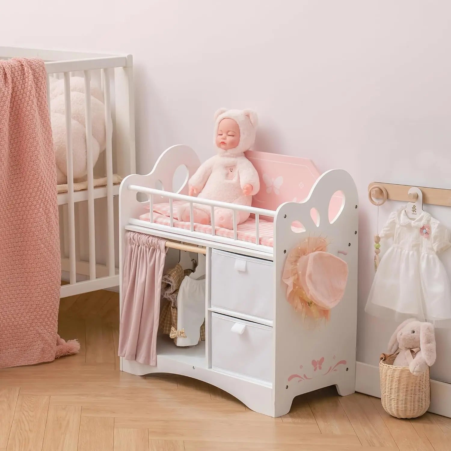 Kids Girls Wooden Pink Doll Bed with Storage and Hooks childrensterritory