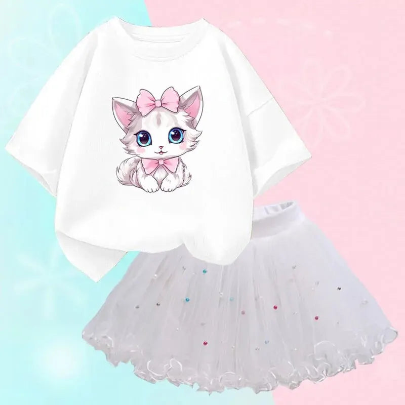Little Girls Cute Cartoon Print T-Shirt & Mesh Tutu Skirt Outfits