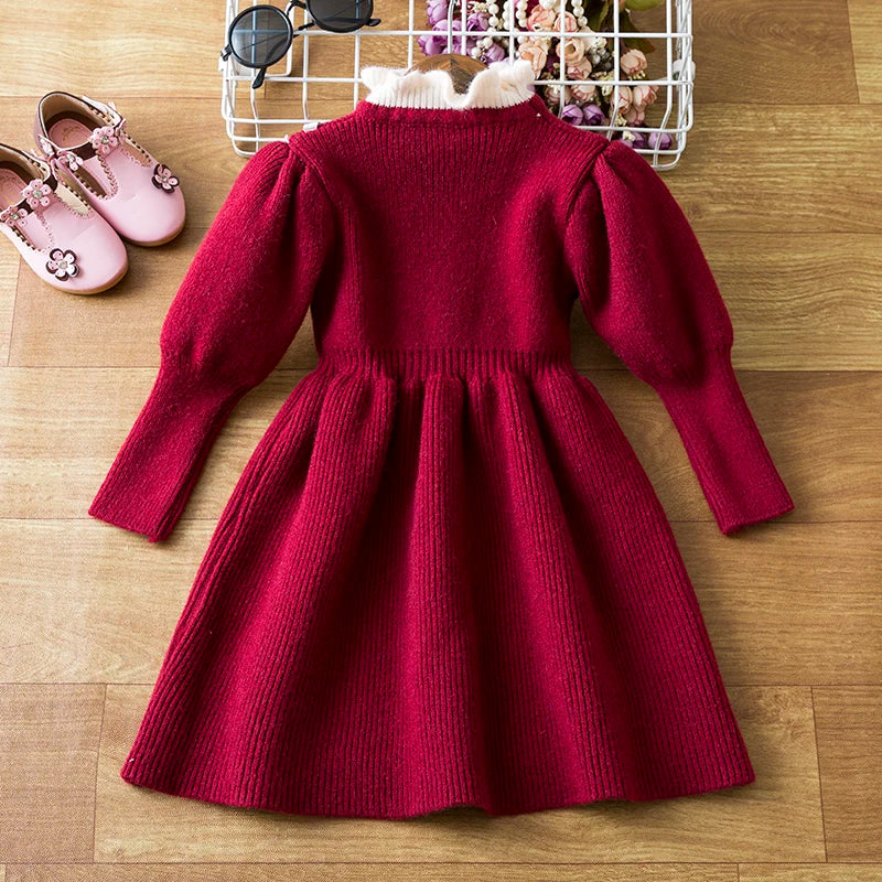 Little Girls Bow-Decorated Woolen Dress for New Year childrensterritory