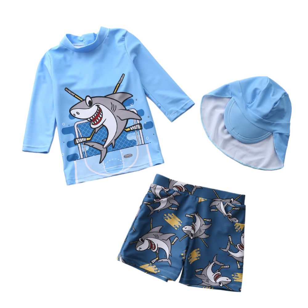 Kids Boys Cartoon Print 3pcs Surfing Beachwear With Cap childrensterritory