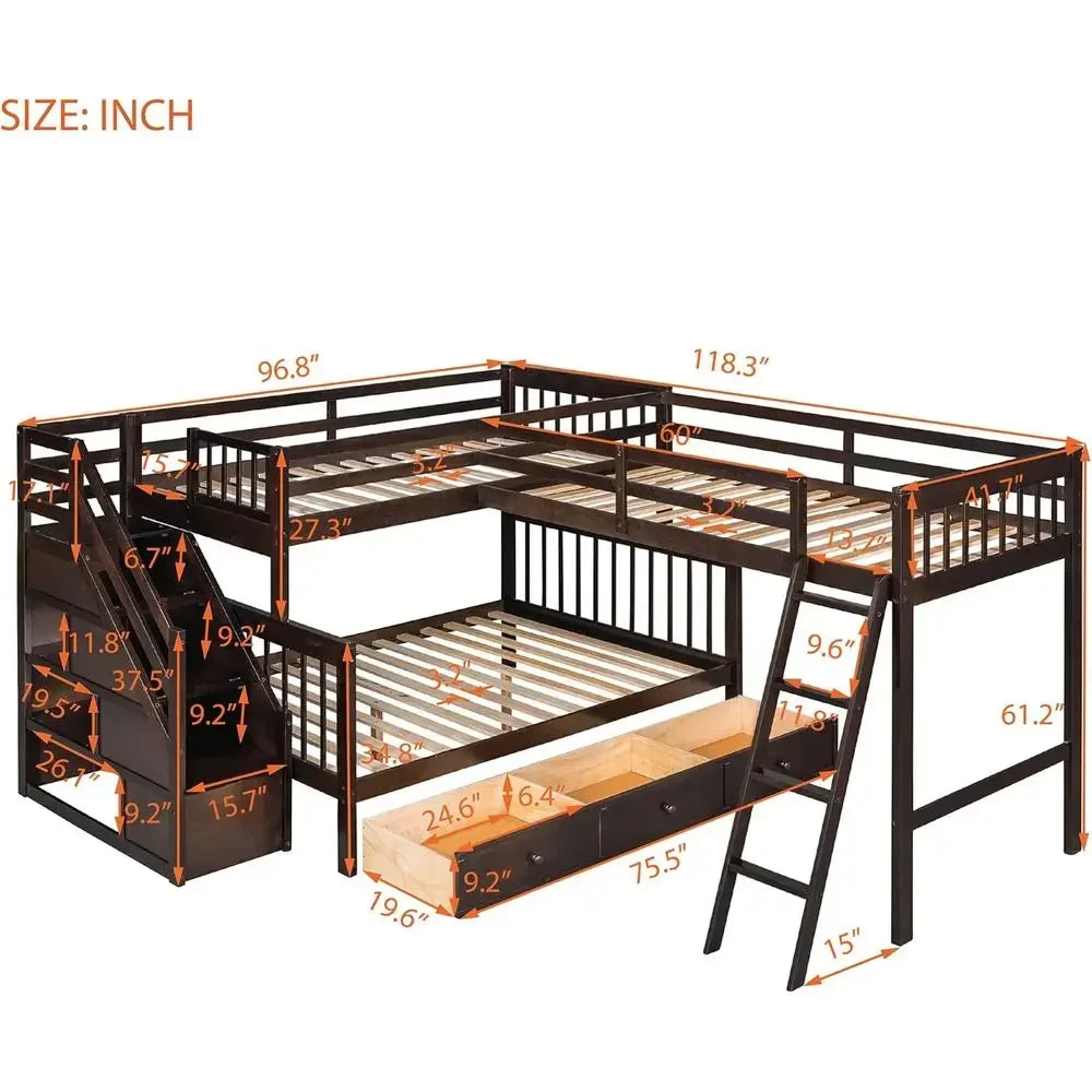 L-shaped Full Bunk Bed with Three Drawers and a Staircase