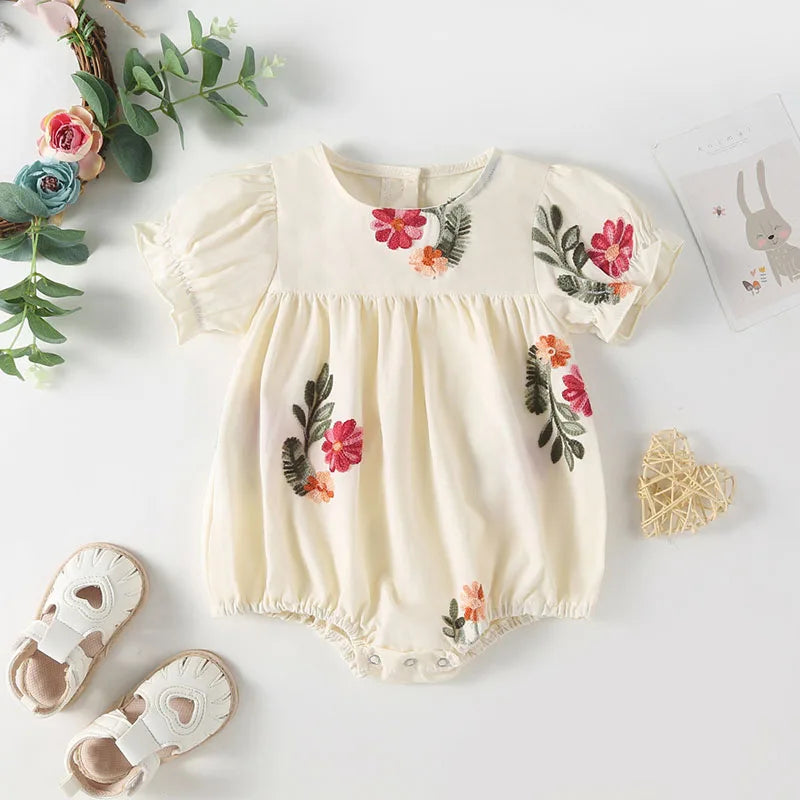 Baby Girl Floral Puff Sleeve Embroidered Bodysuit Sets
