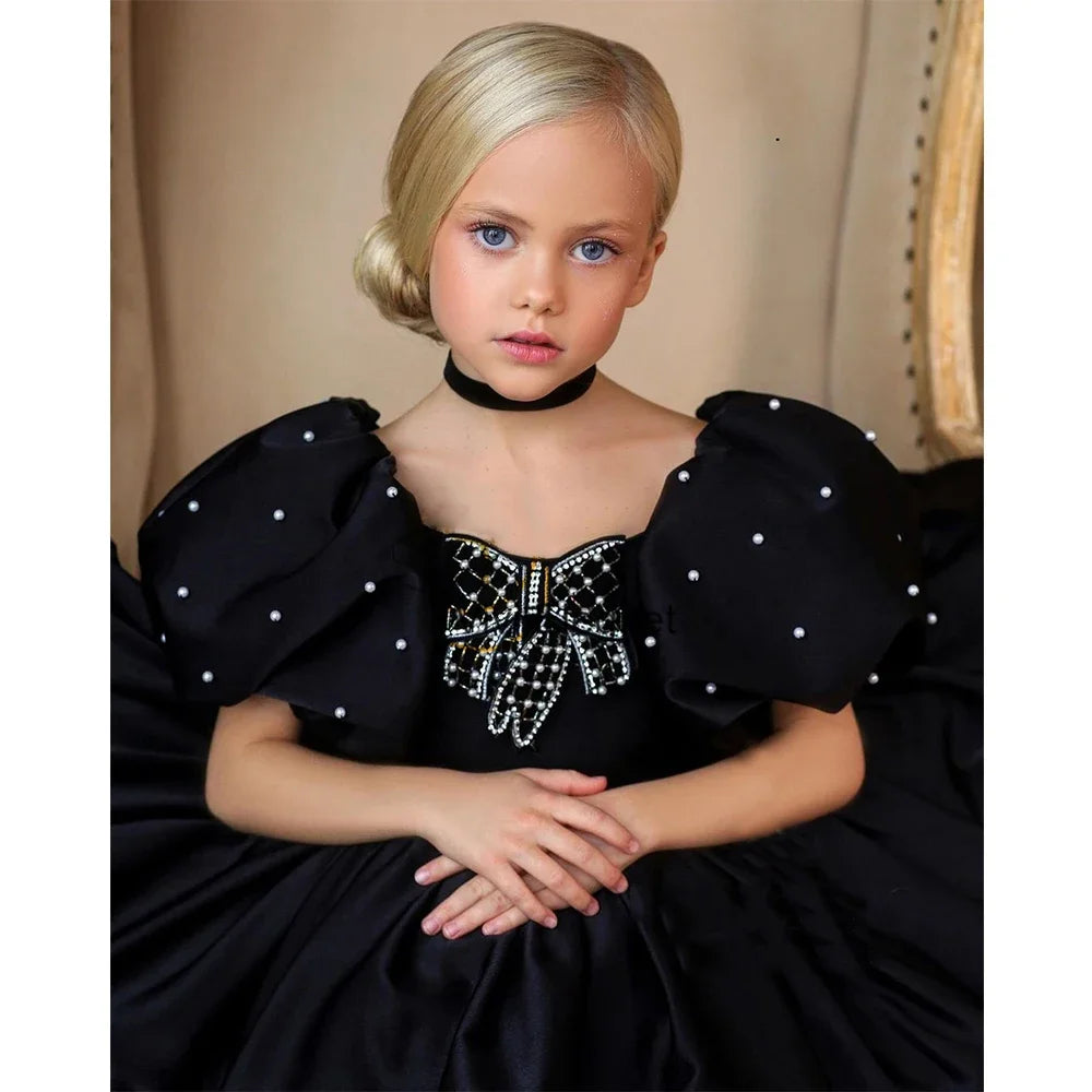 Pearls Designed Boat Neck Little Girls Party Dress