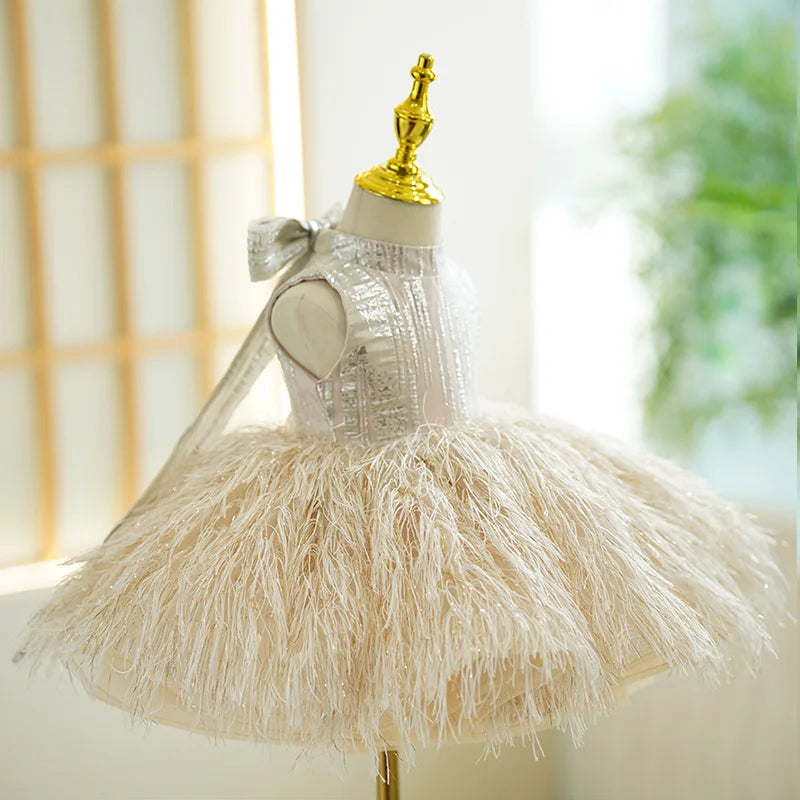 Kids Girls Puffy Feather Design Party Performance Dress childrensterritory