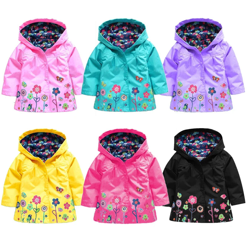 Long Sleeve Flower Print Waterproof Kids Hoodie Windcoat