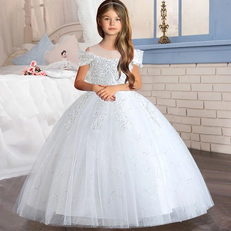 Luxury Sequins Design Long Bridesmaid Princess Dresses For Kids