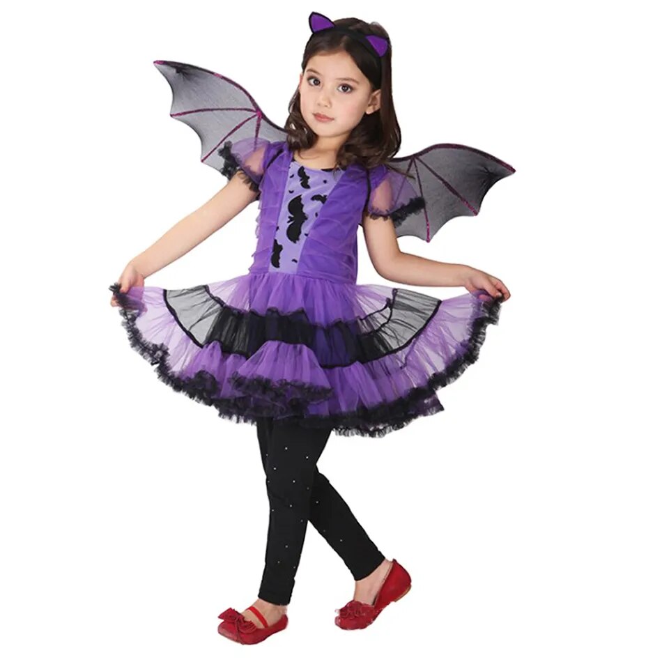 Kids Girls Vampire Witch Party Dress with Bag Headband Wings childrensterritory