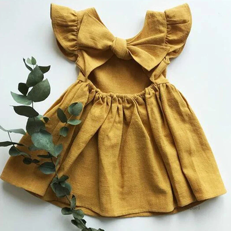Bow Design Cotton Linen Dress For Toddler Girls childrensterritory