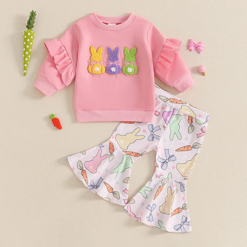 Toddler Girl Bunny Embroidery 2 Pieces Easter Outfit Set childrensterritory