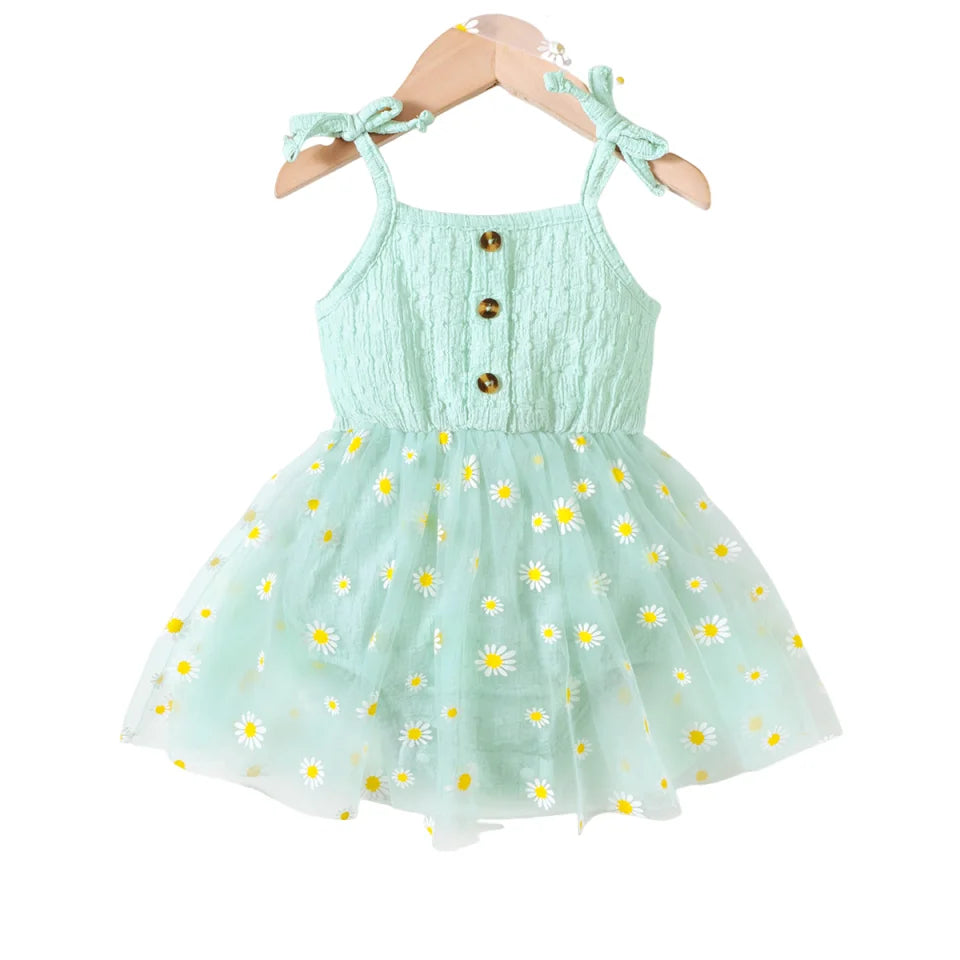 Small Daisy Print Baby Girl Sleeveless Mesh Romper Dress