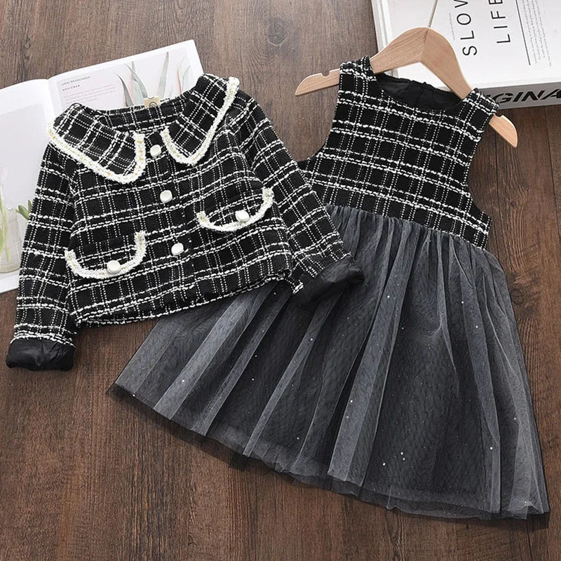 Kids Girls Retro Style Plaid Winter Party Dresses 2pcs Set