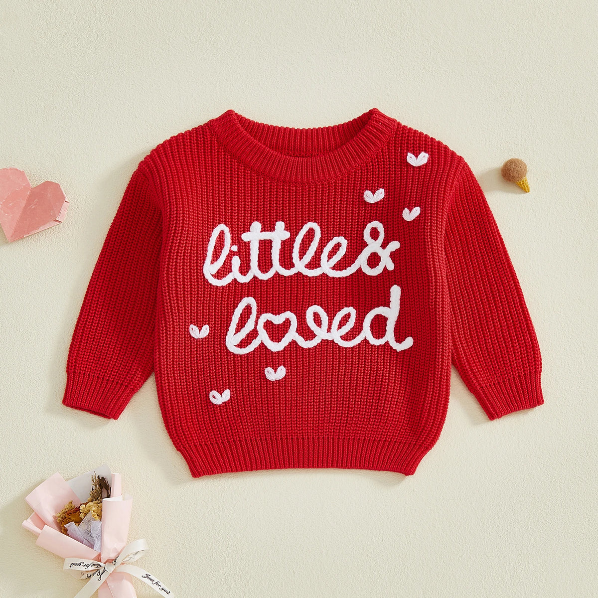 Baby Girl Heart Print Crew Neck Knitted Sweaters