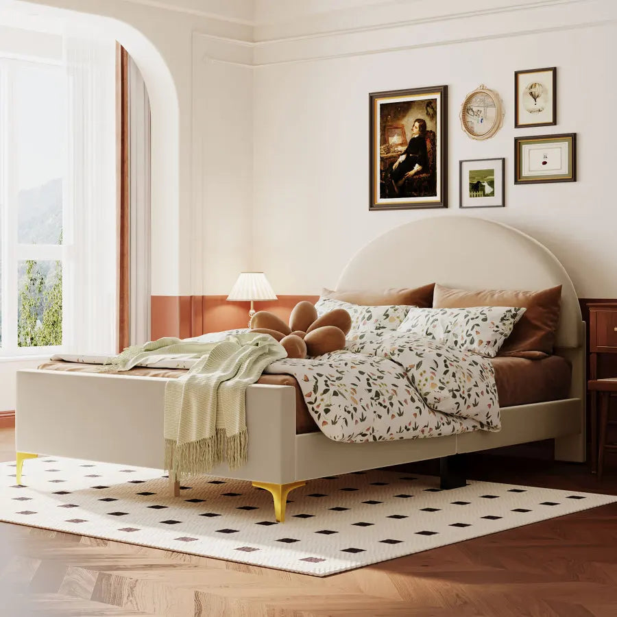 Platform Bed with Velvet Upholstery and Semi-Circular Headboard childrensterritory