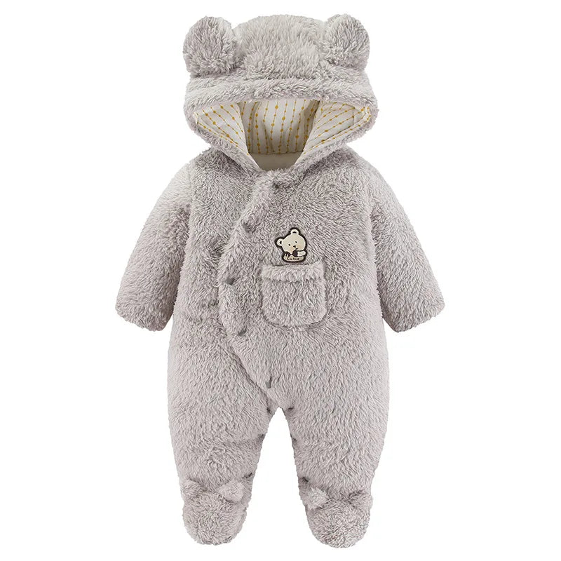 Baby Cartoon Pattern Hooded Fleece Rompers