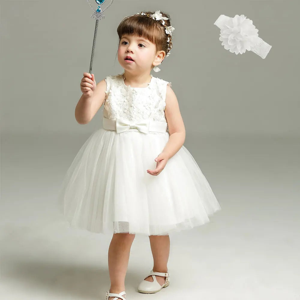 Little Girls Bow Lace Design White Baptism/Bridesmaid Dresses