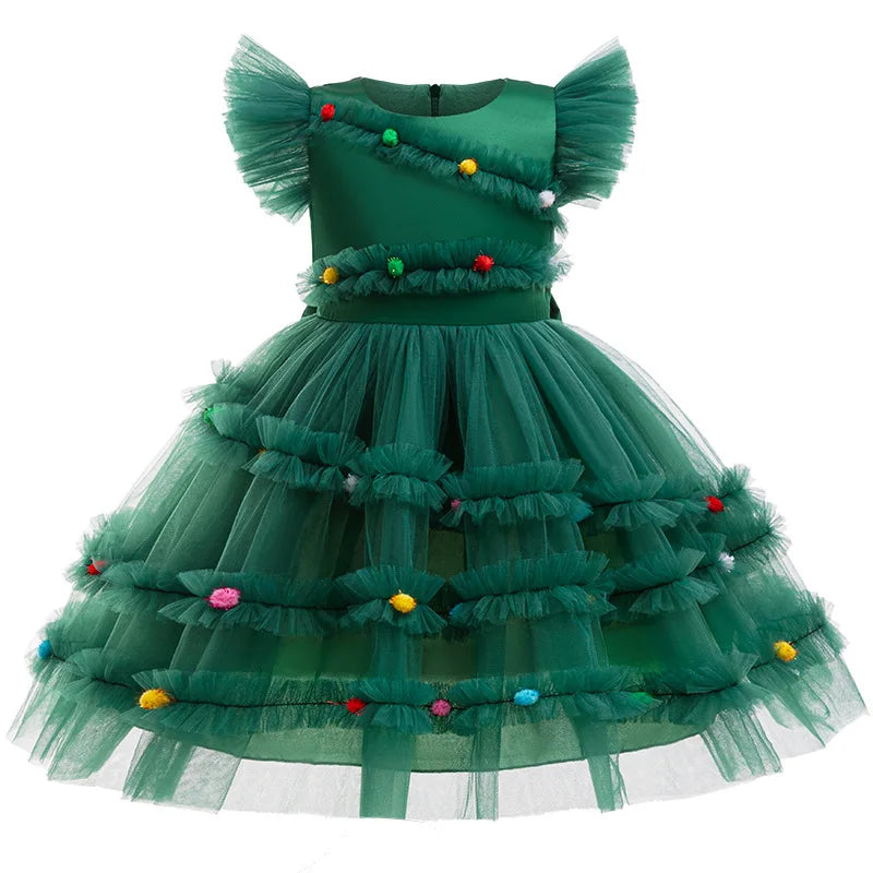 Princess Girls Christmas Tree Mesh Party Dress childrensterritory