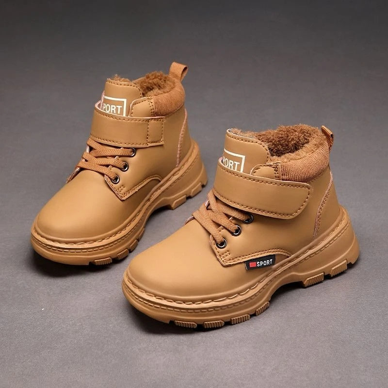 Kids Unisex High Top Fur And Laces Design Leather Shoes