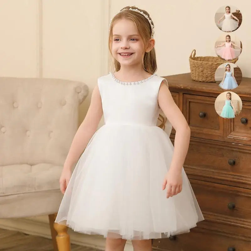Kids Girls Solid Color Pearl Bow Design Fluffy Princess Dresses childrensterritory