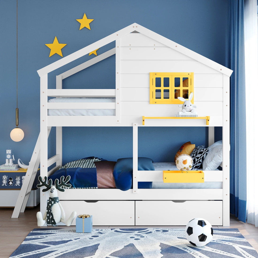 Hut Design Twin over Twin Bunk Bed with Window and Two Drawers childrensterritory