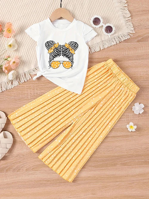 Little Girls Printed Top with Wide Leg Pants Two Piece Clothing Sets childrensterritory