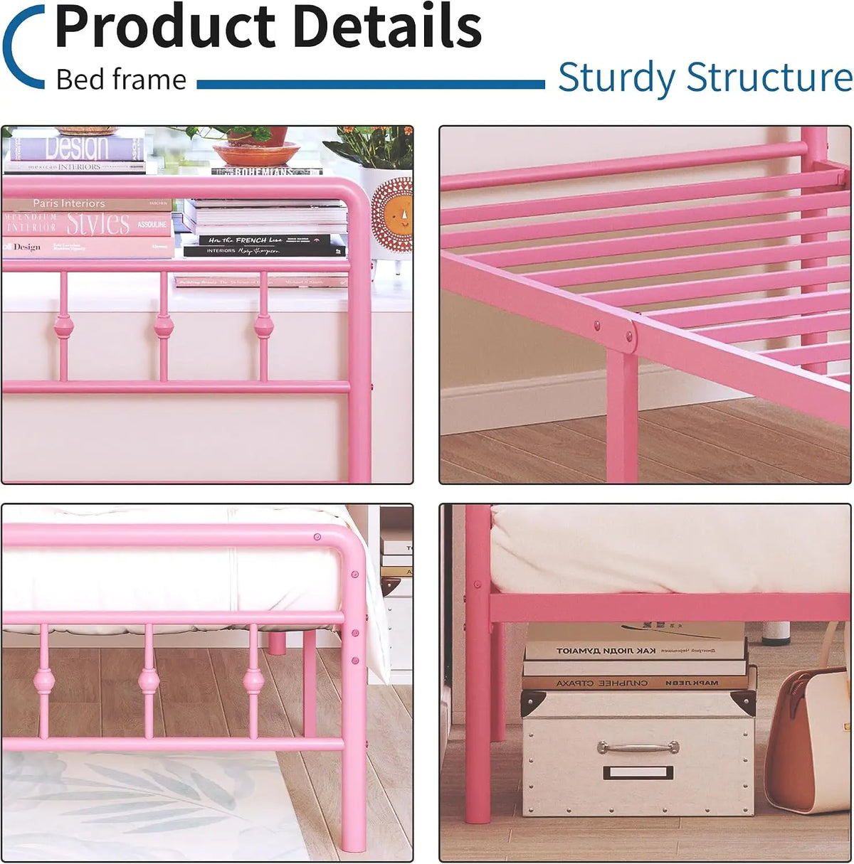 Twin Size Pink Metal Bed Frame with Headboard