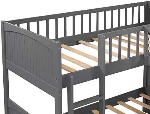 L-shaped Wooden Triple Bunk Bed With a Ladder and Storage Cabinet