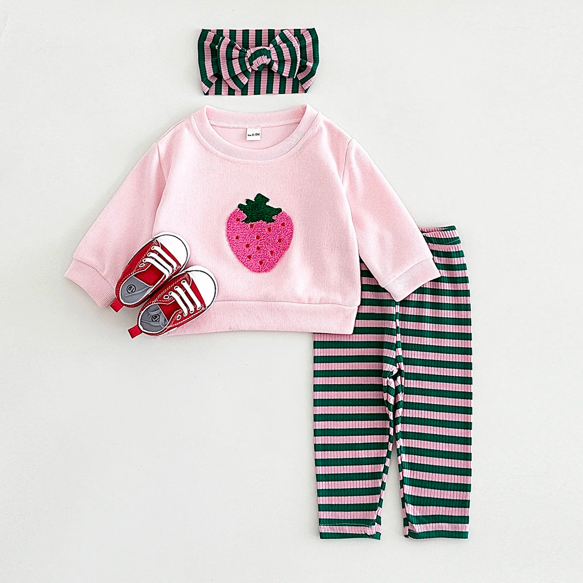 Baby Girls Strawberry Top with Striped Legging and Headscarf Set