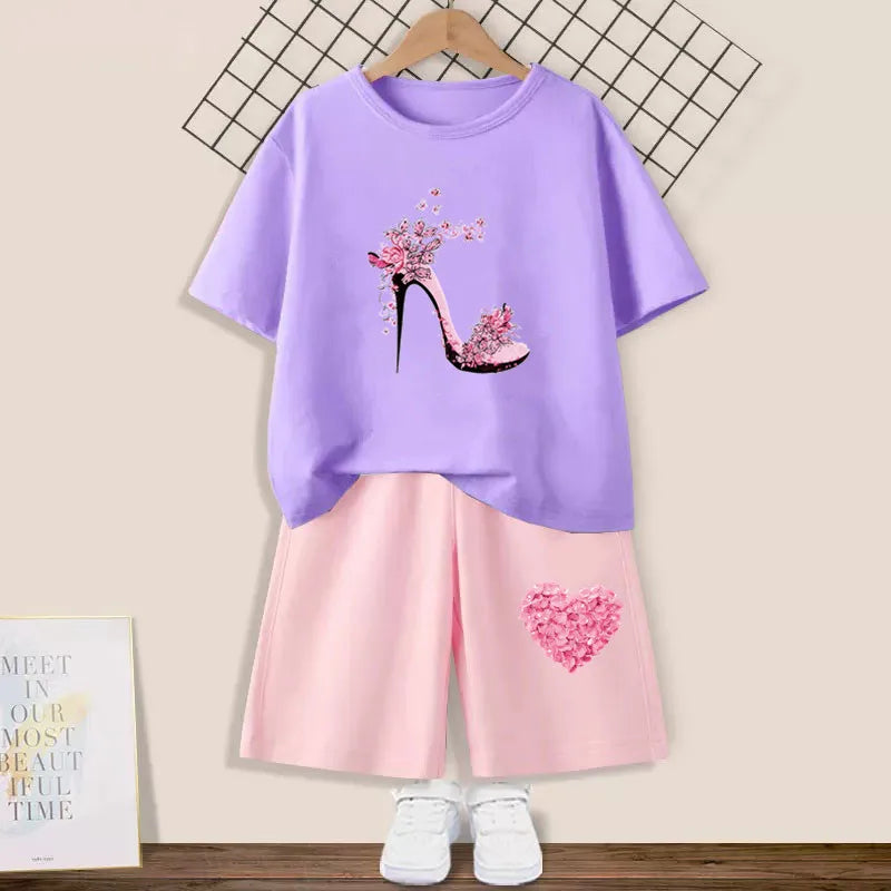 Kids Girls Butterfly High Heel T-shirt +Shorts 2 Piece Tracksuits childrensterritory