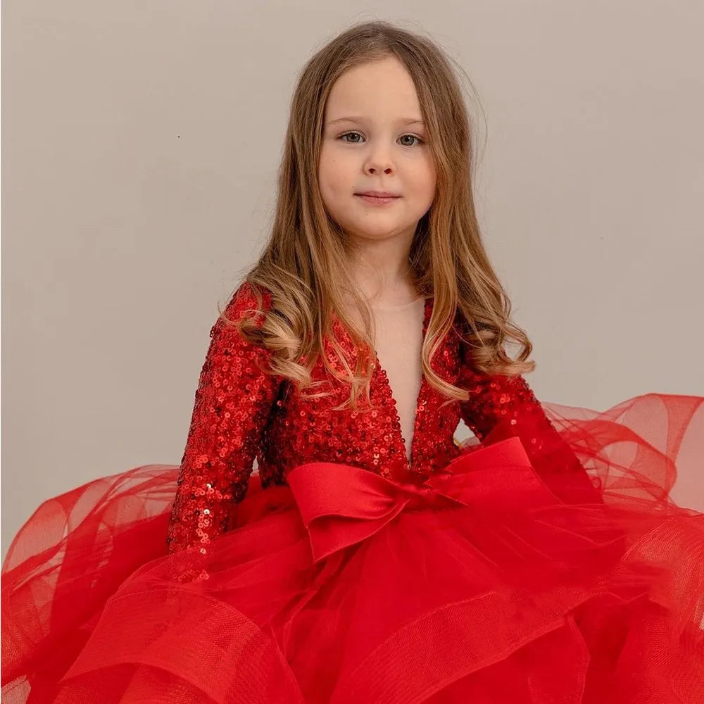 V Neck Long Sleeve Red Flower Girl Dress for Birthday Party childrensterritory