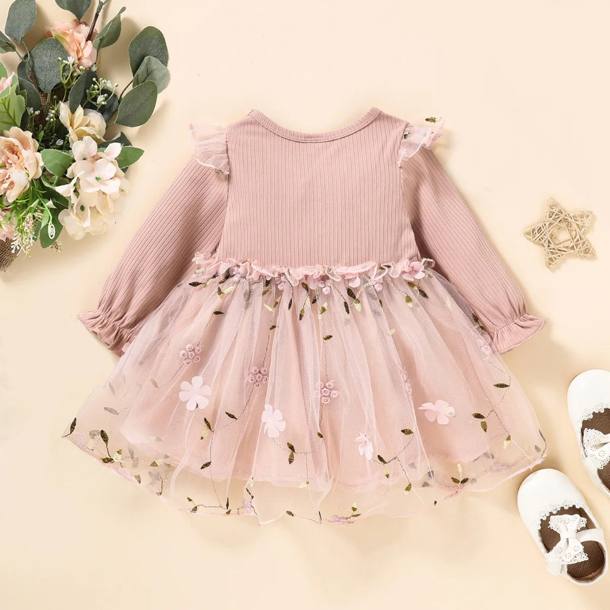 Bowknot Floral Embroidered Mesh Dress for Baby Girl&