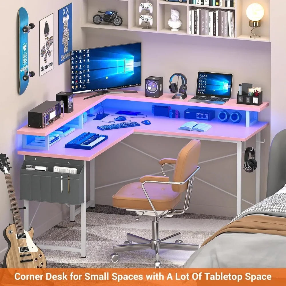 Corner Gaming Desk With LED Lights and Storage Shelves childrensterritory