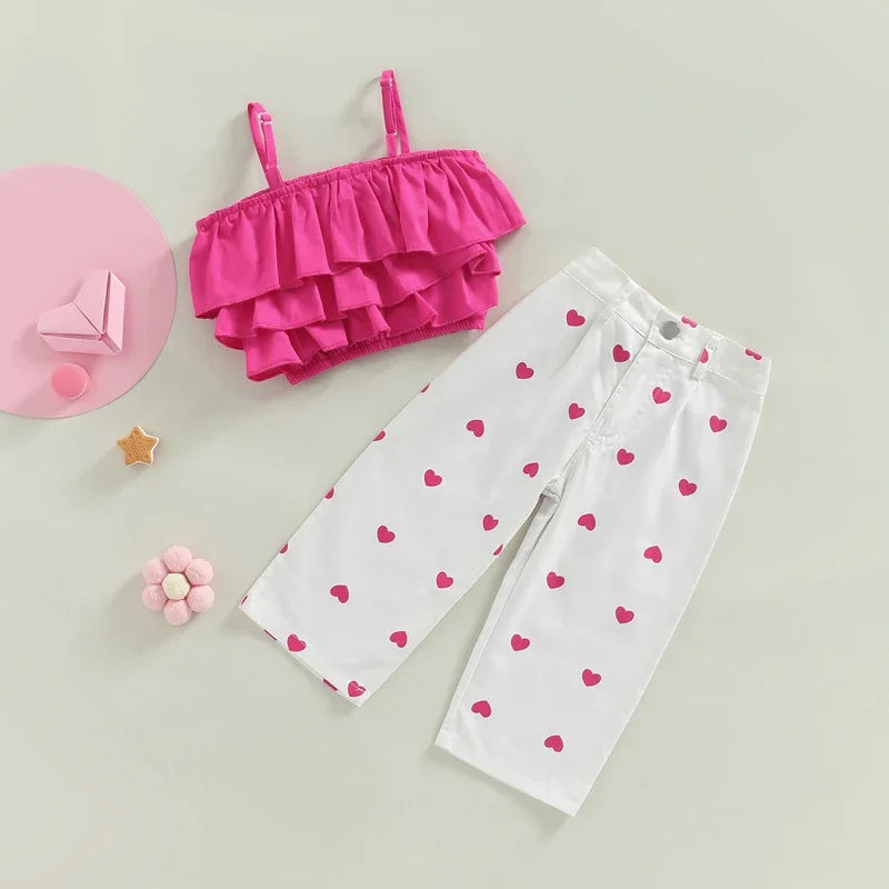 Kids Girls Sleeveless Ruffle Top Heart Print Short Outfit Set