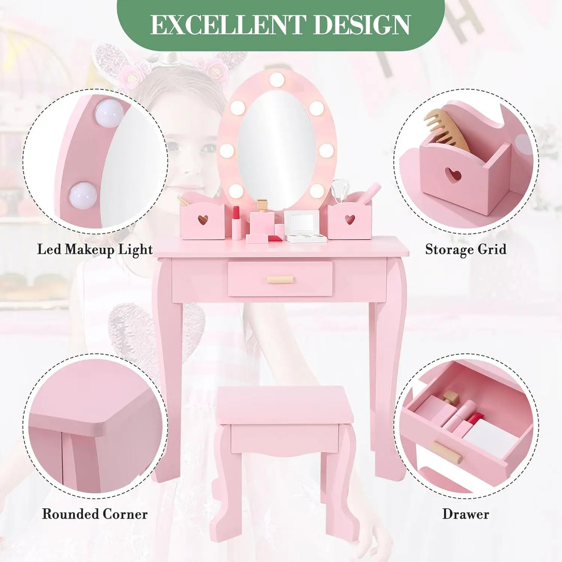 Kids Girls Makeup Dressing Play Table/Vanity Set W/ Mirror