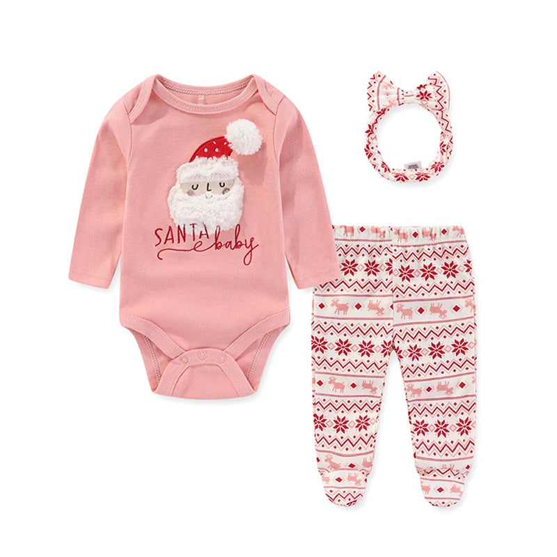 Baby Christmas Bodysuits+Pants+Headband Clothing Set