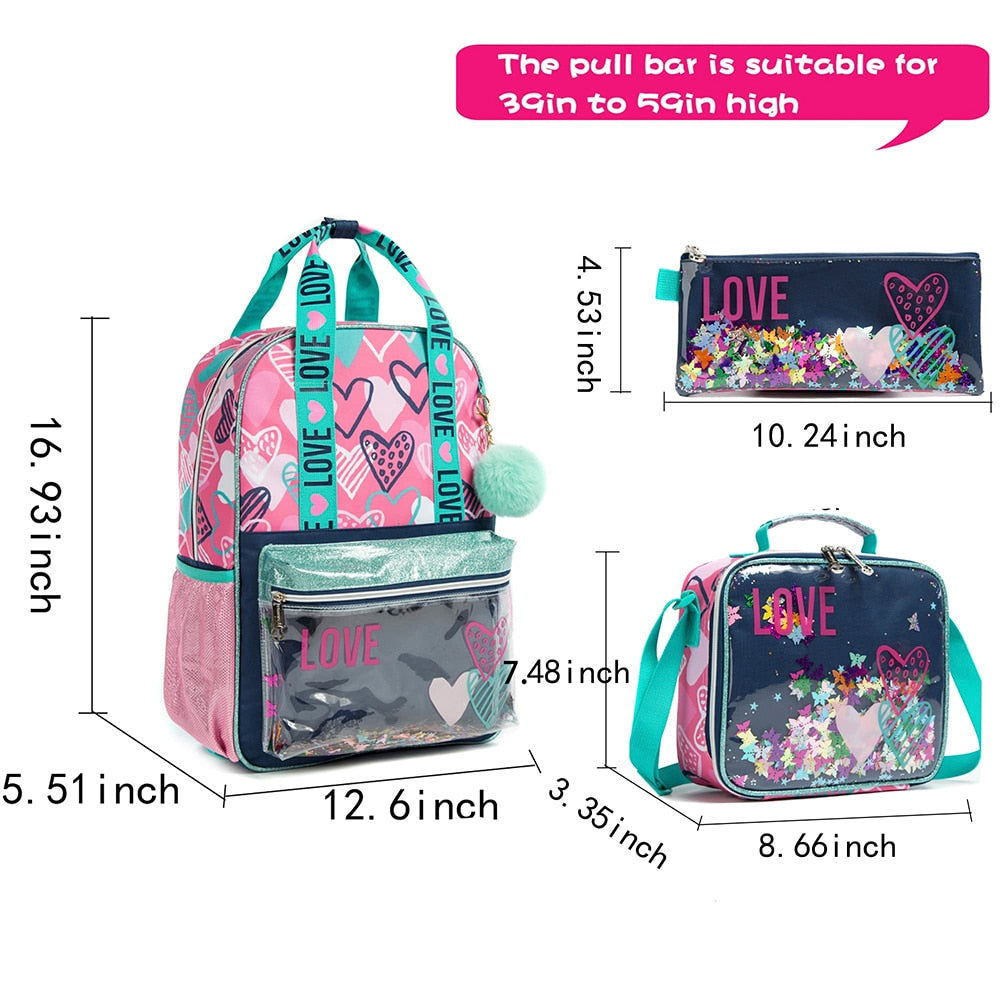 Kids Girls Love Print Sequin 3pcs School Backpack/Bag Set childrensterritory