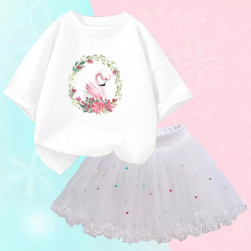 Kids Girls Flamingo T-Shirt & Mesh Skirt Pretty Outfits childrensterritory